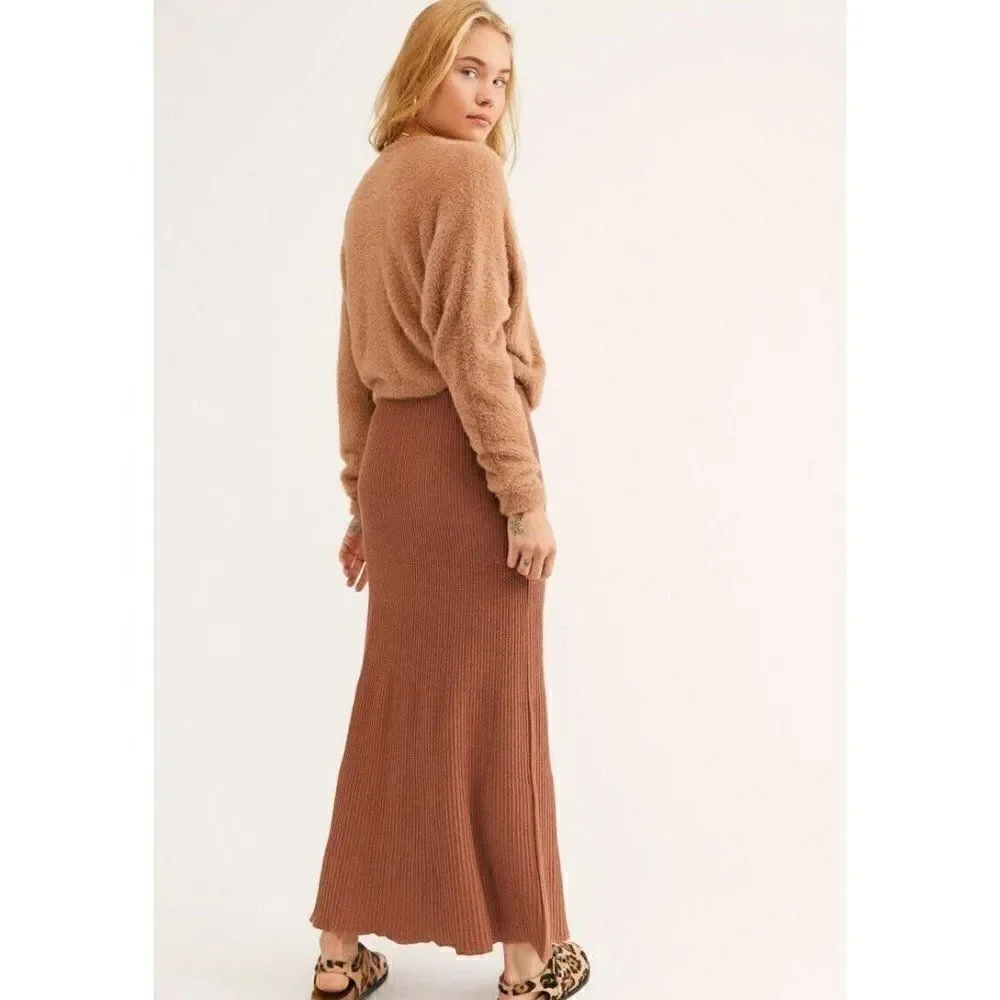 NEW FREE PEOPLE Sz S SHINE BRIGHT RIBBED MAXI SWEATER SKIRT COCOA HEATHER BROWN